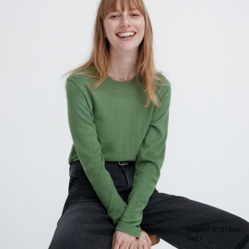 Uniqlo HEATTECH Fleece Crew Neck Long-Sleeve T Shirts Dame Grøn | 3151481