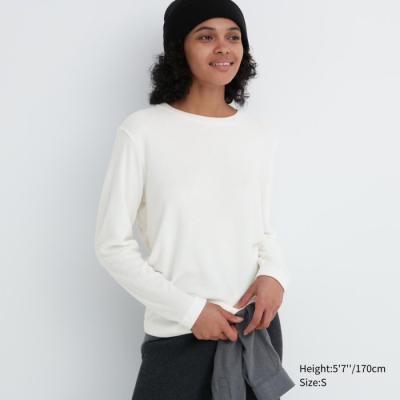 Uniqlo HEATTECH Fleece Crew Neck Long-Sleeve T Shirts Dame Hvide | 4868664