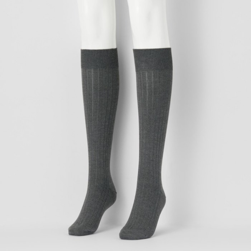 Uniqlo HEATTECH Ribbed Knee-High Sokker Dame Grå | 6159676
