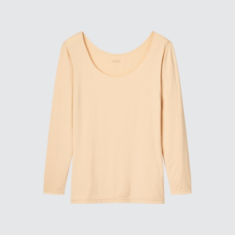 Uniqlo HEATTECH Scoop Neck Long-Sleeve T Shirts Dame Beige | 6544097