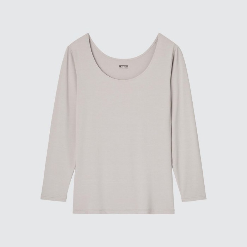 Uniqlo HEATTECH Scoop Neck Long-Sleeve T Shirts Dame Beige | 5201965