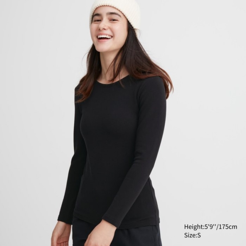 Uniqlo HEATTECH Ultra Warm Crew Neck Long-Sleeve T Shirts Dame Sort | 1014951