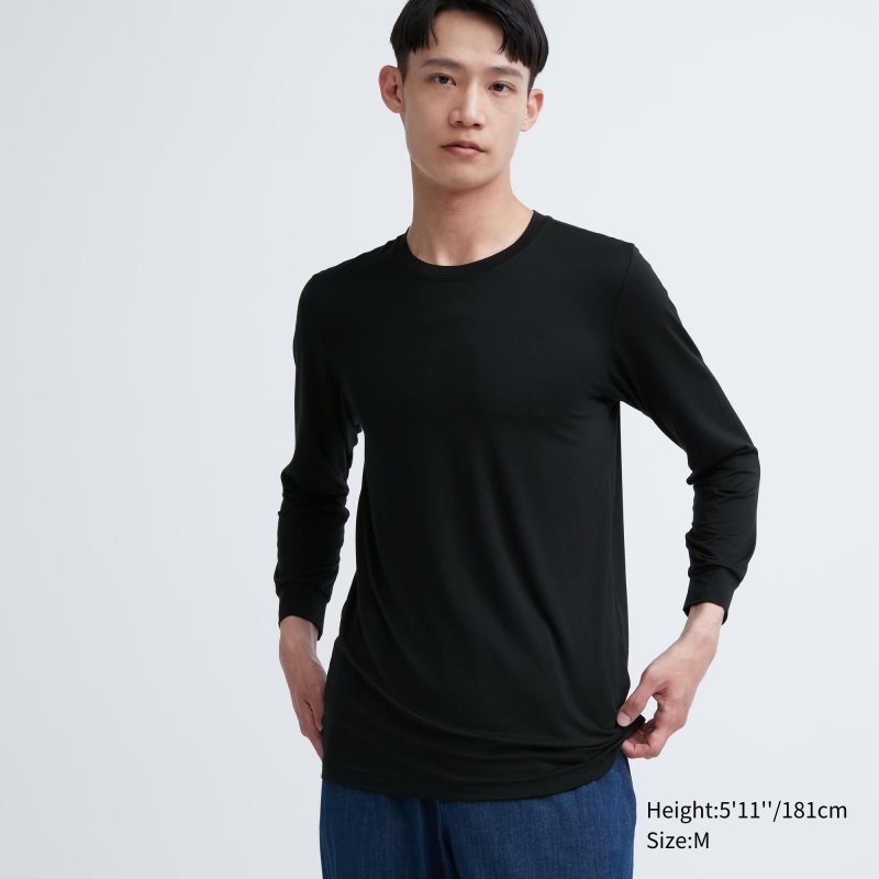 Uniqlo Heattech Crew Neck Long-sleeve T Shirts Herre Sort | 2360267