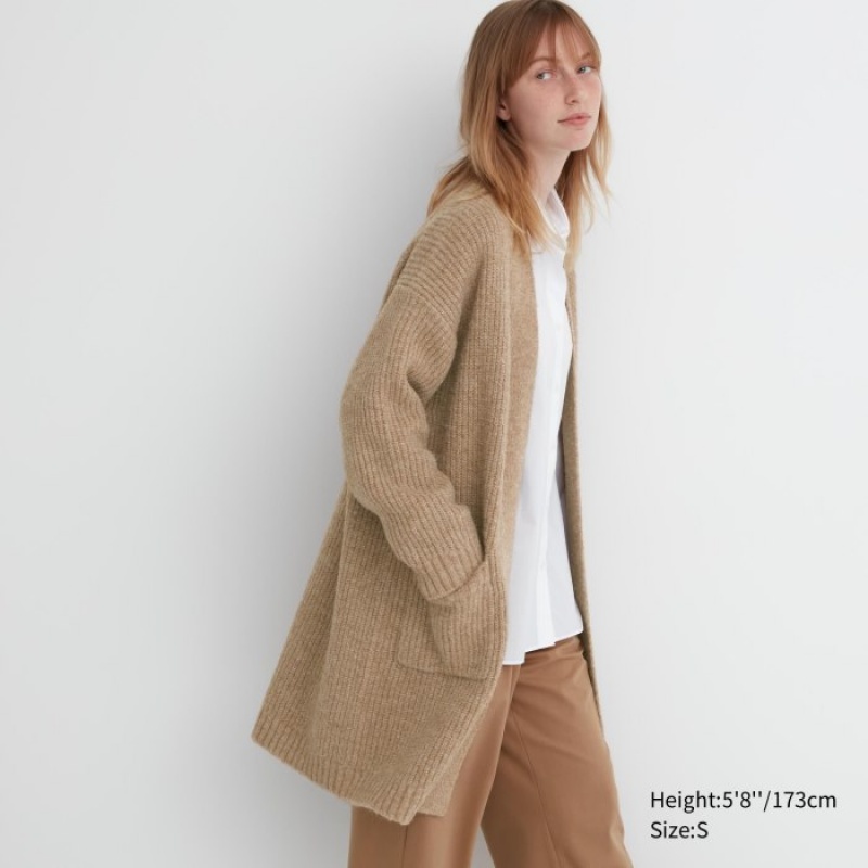 Uniqlo Knitted Long Cardigan Dame Beige | 7971423