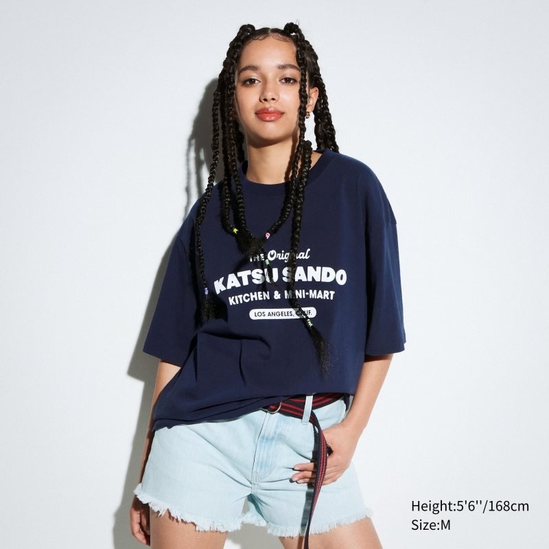 Uniqlo L.A. Eats Ut Oversized Short-sleeve Graphic Katsu Sando T Shirts Herre Mørkeblå | 9424353