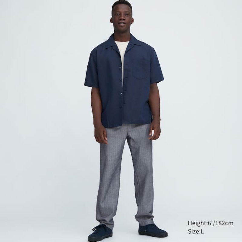 Uniqlo Linen Blend Striped Relaxed Fit Bukser Herre Blå | 5732392