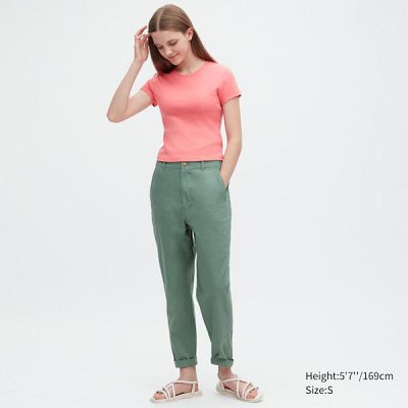 Uniqlo Linen Cotton Tapered Bukser Dame Grøn | 7339707
