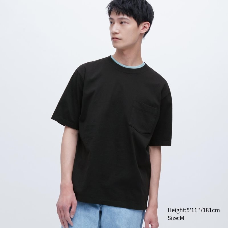 Uniqlo Oversized Pocket Crew Neck Half-sleeve T Shirts Herre Sort | 3075771