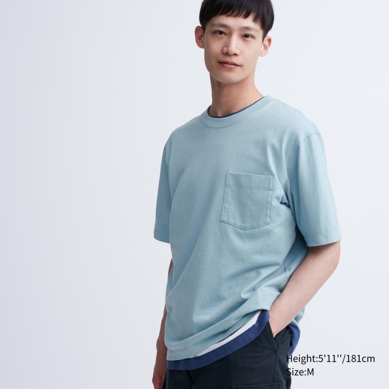 Uniqlo Oversized Pocket Crew Neck Half-sleeve T Shirts Herre Blå | 9504070