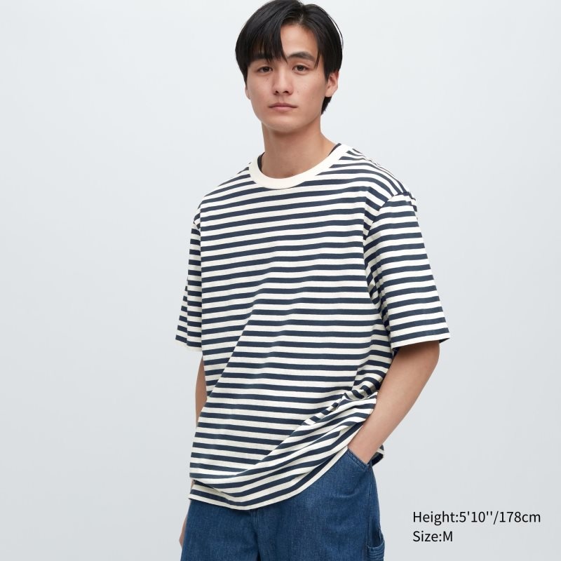 Uniqlo Oversized Striped Half-sleeve T Shirts Herre Mørkeblå | 3377161