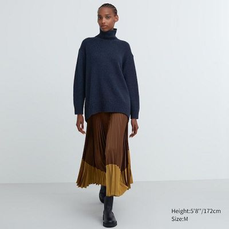 Uniqlo Pleated Color Block Nederdel Dame Brune | 9987115