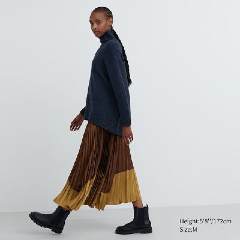 Uniqlo Pleated Color Block Nederdel Dame Brune | 9987115