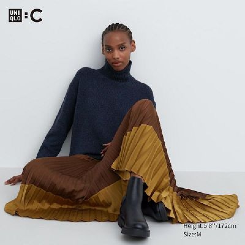 Uniqlo Pleated Color Block Nederdel Dame Brune | 9987115