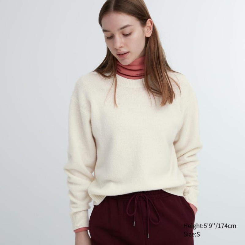 Uniqlo Premium Lambswool Crew Neck Long-sleeve Trøjer Dame Hvide | 8860704