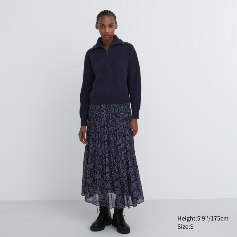 Uniqlo Premium Lambswool Half-Zip Long-Sleeve Trøjer Dame Mørkeblå | 3669507