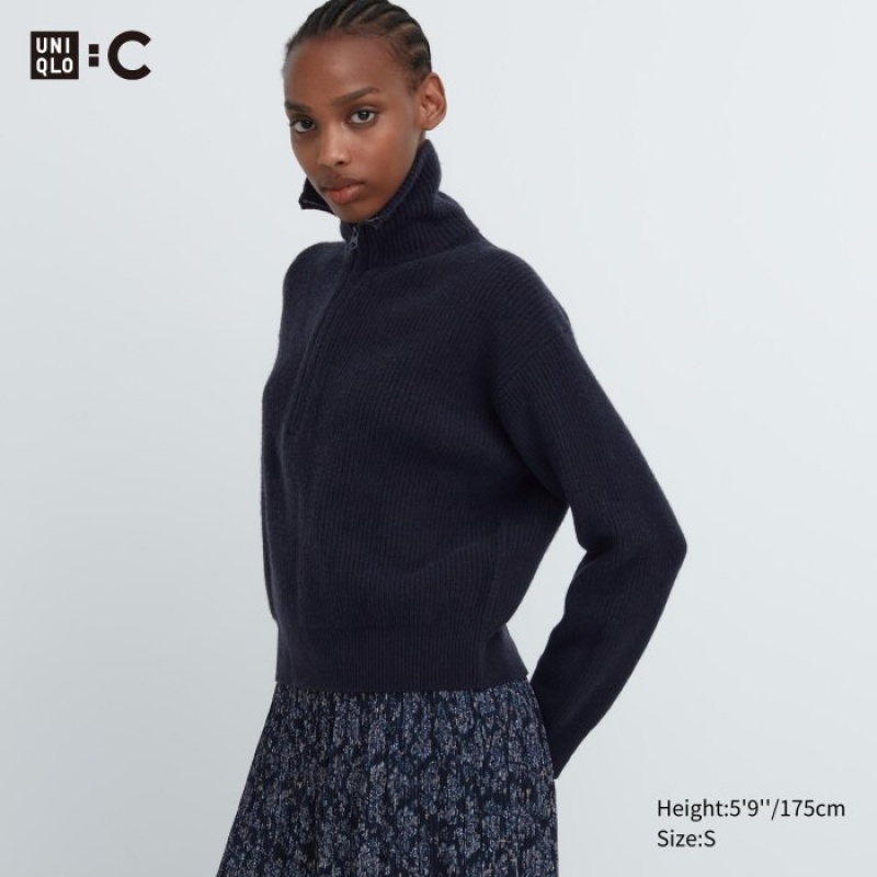 Uniqlo Premium Lambswool Half-Zip Long-Sleeve Trøjer Dame Mørkeblå | 3669507