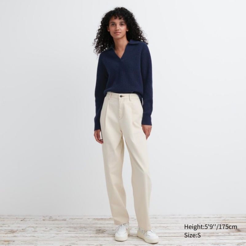 Uniqlo Premium Lambswool Long-Sleeve Polo Trøjer Dame Mørkeblå | 7413751