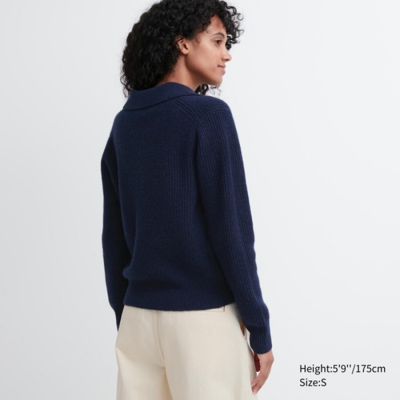 Uniqlo Premium Lambswool Long-Sleeve Polo Trøjer Dame Mørkeblå | 7413751
