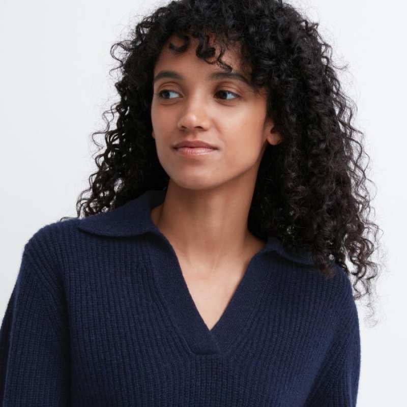 Uniqlo Premium Lambswool Long-Sleeve Polo Trøjer Dame Mørkeblå | 7413751