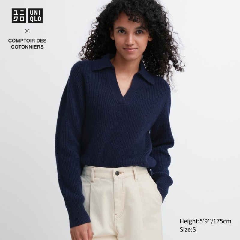 Uniqlo Premium Lambswool Long-Sleeve Polo Trøjer Dame Mørkeblå | 7413751