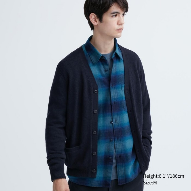 Uniqlo Premium Lambswool V-Neck Cardigan Dame Mørkeblå | 5865500
