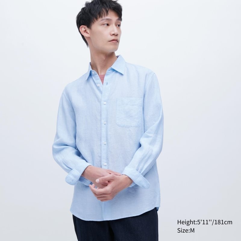 Uniqlo Premium Linen Long-sleeve Skjorte Herre Blå | 7279771