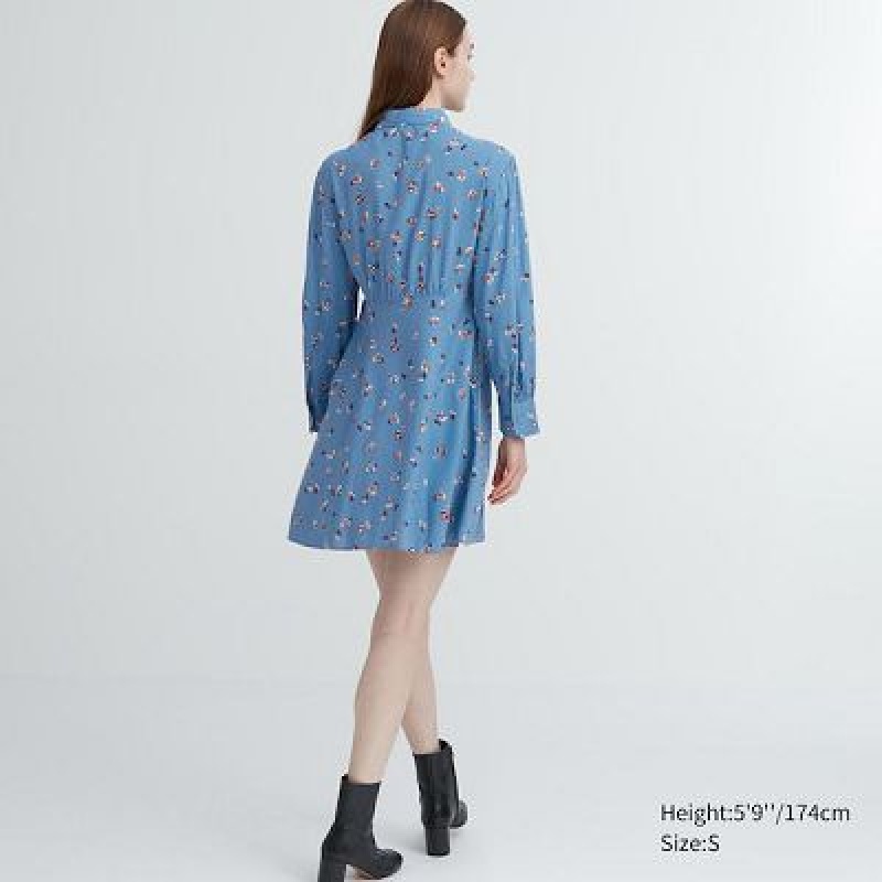 Uniqlo Printed V-Neck Long-Sleeve Mini Kjole Dame Blå | 7124358
