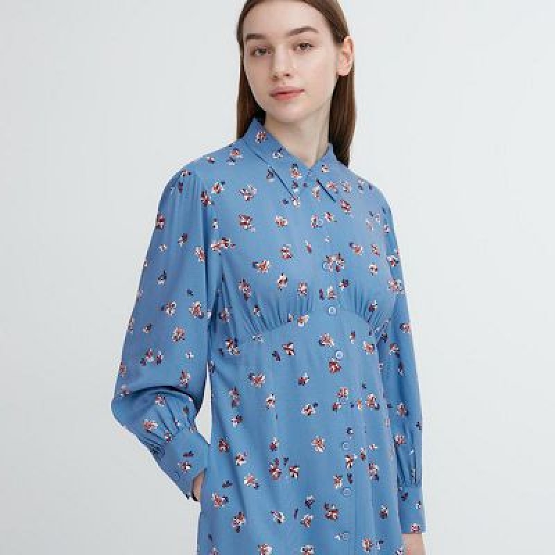 Uniqlo Printed V-Neck Long-Sleeve Mini Kjole Dame Blå | 7124358