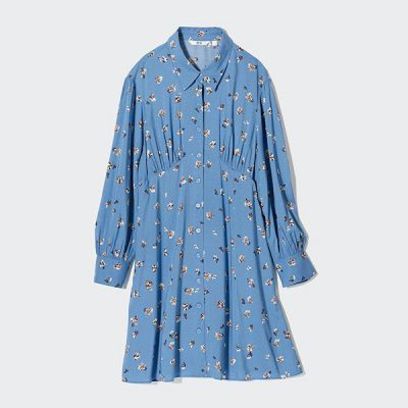 Uniqlo Printed V-Neck Long-Sleeve Mini Kjole Dame Blå | 7124358