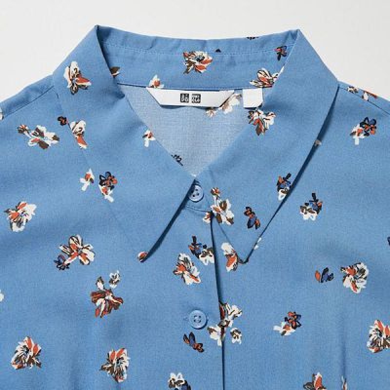 Uniqlo Printed V-Neck Long-Sleeve Mini Kjole Dame Blå | 7124358