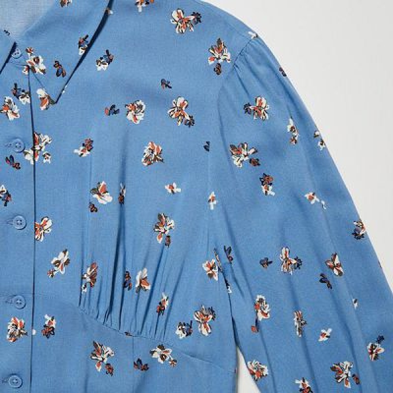 Uniqlo Printed V-Neck Long-Sleeve Mini Kjole Dame Blå | 7124358