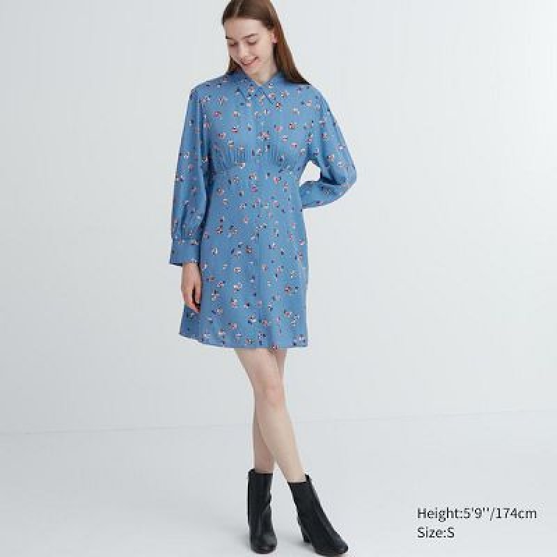 Uniqlo Printed V-Neck Long-Sleeve Mini Kjole Dame Blå | 7124358