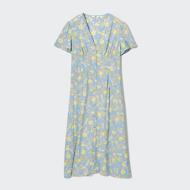 Uniqlo Printed V-Neck Short-Sleeve Flare Kjole Dame Blå | 8556290