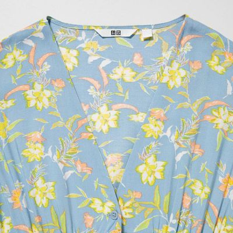 Uniqlo Printed V-Neck Short-Sleeve Flare Kjole Dame Blå | 8556290