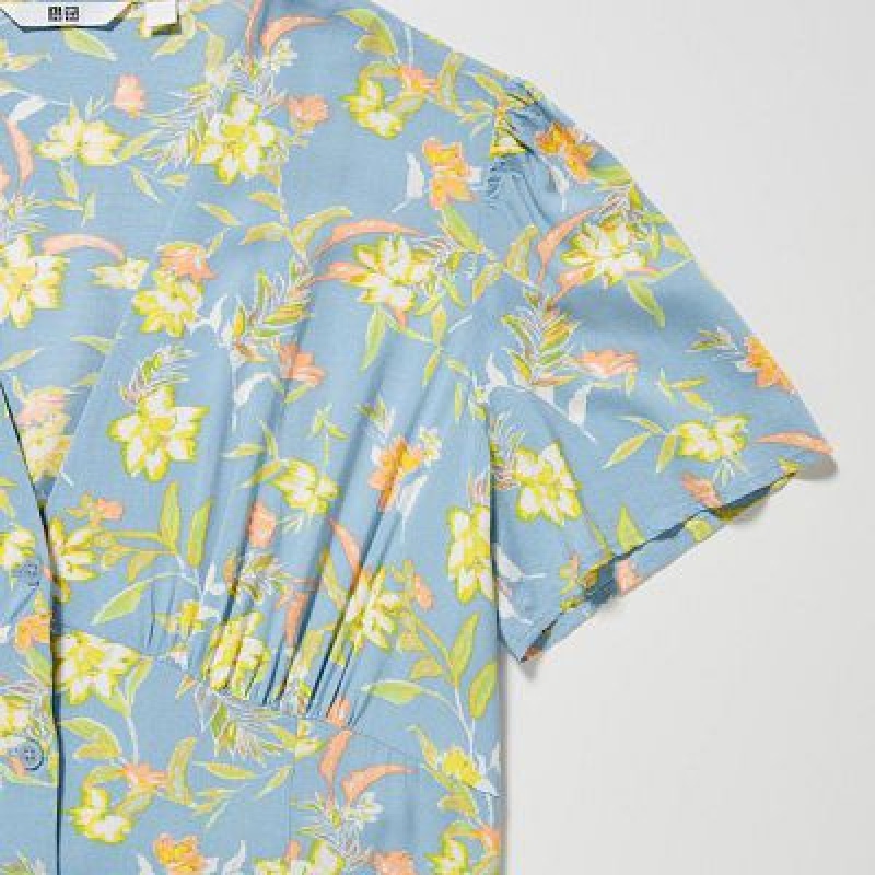 Uniqlo Printed V-Neck Short-Sleeve Flare Kjole Dame Blå | 8556290