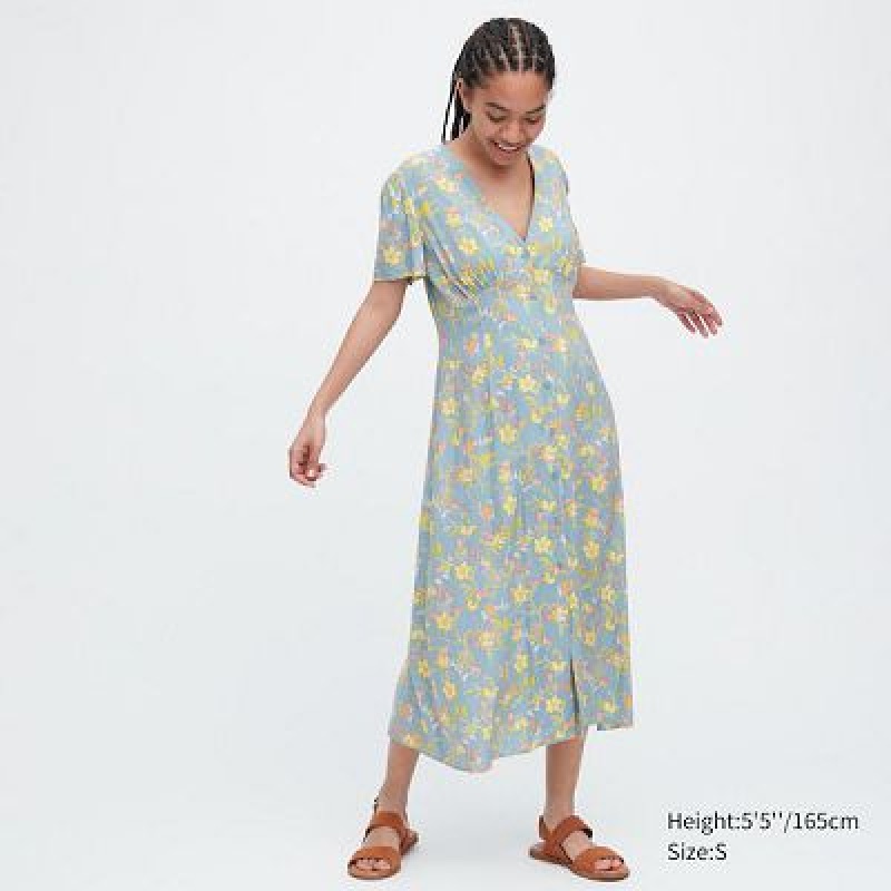 Uniqlo Printed V-Neck Short-Sleeve Flare Kjole Dame Blå | 8556290