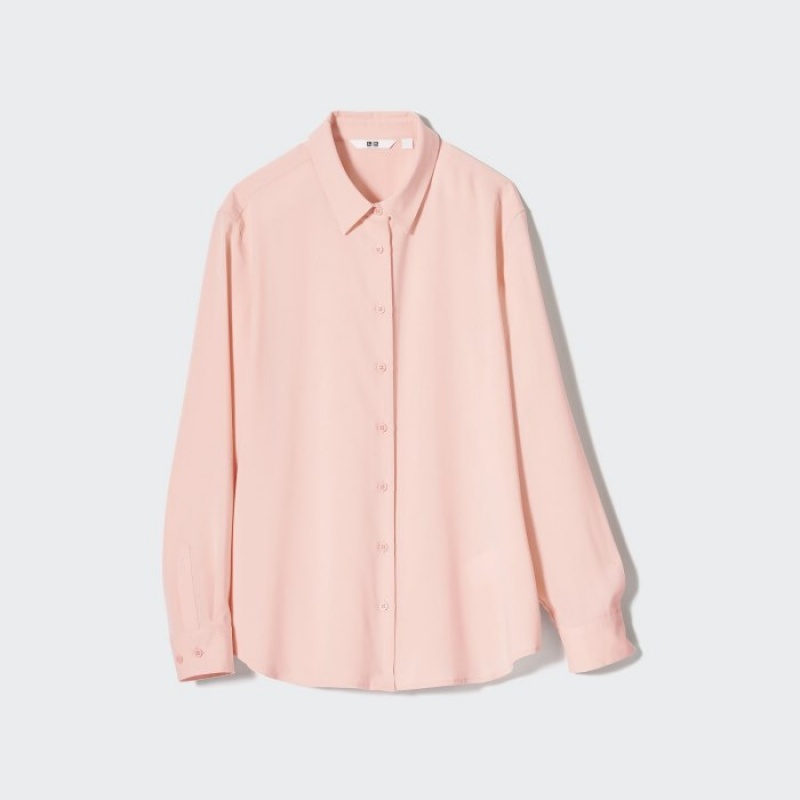 Uniqlo Rayon Long-Sleeve Bluse Dame Lyserød | 7212547