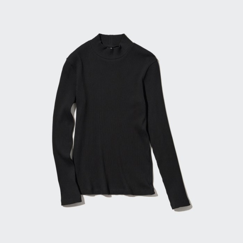 Uniqlo Ribbed High Neck Long-Sleeve T Shirts Dame Sort | 2215223