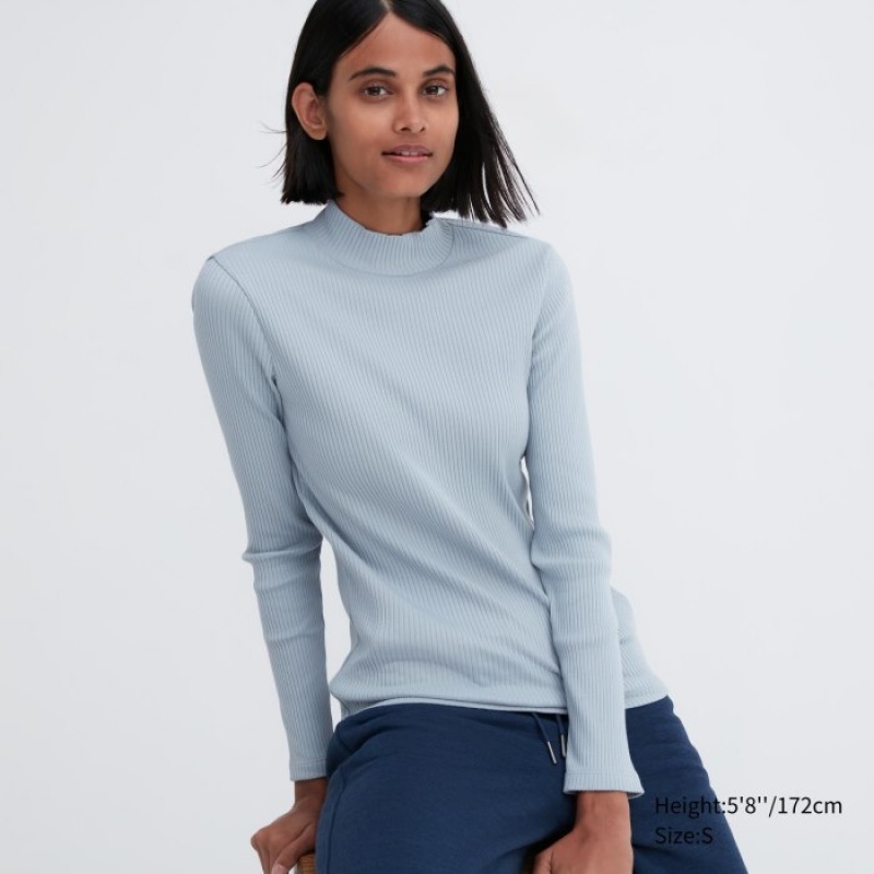 Uniqlo Ribbed High Neck Long-Sleeve T Shirts Dame Blå | 2269663