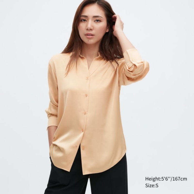 Uniqlo Satin Long-Sleeve Bluse Dame Beige | 4343300