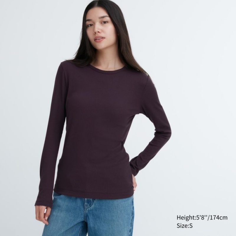 Uniqlo Sheer Jersey Crew Neck Long-Sleeve T Shirts Dame Bordeaux | 7121333