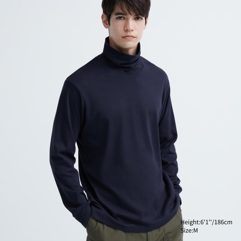 Uniqlo Soft Brushed Turtleneck Long-sleeve T Shirts Herre Mørkeblå | 2889155