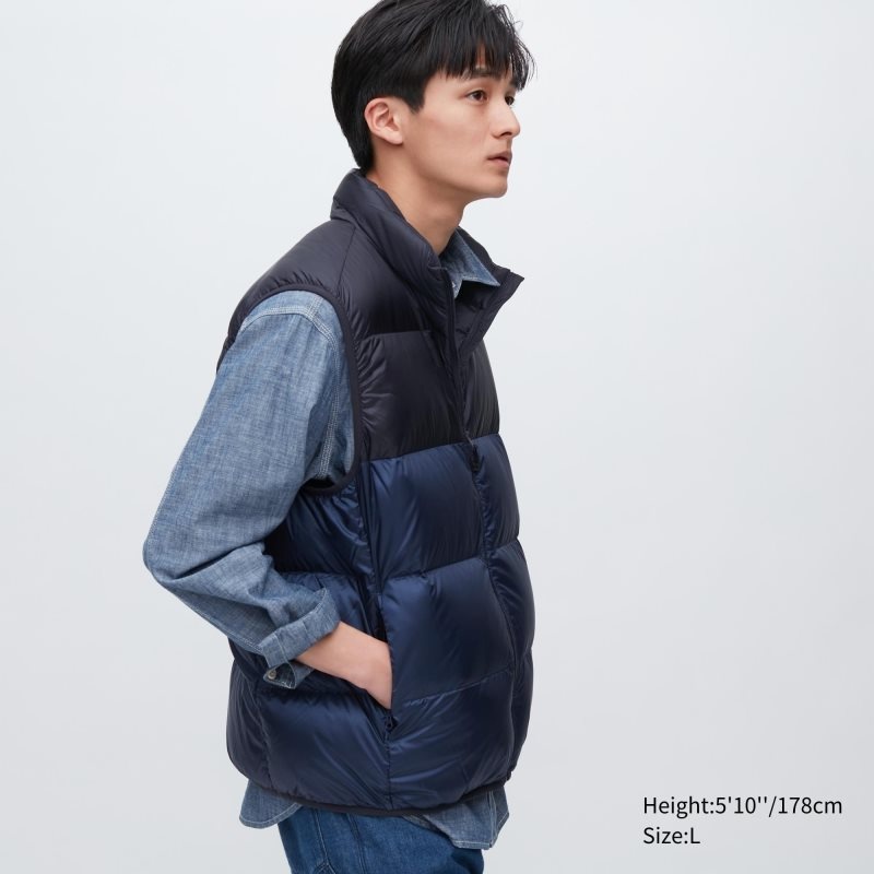 Uniqlo Ultra Light Down Wide Quilt Color Block Vest Herre Mørkeblå | 7750433