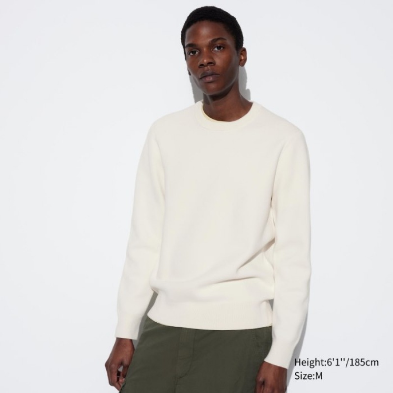 Uniqlo Washable Milano Ribbed Crew Neck Long-Sleeve Trøjer Dame Hvide | 2903403
