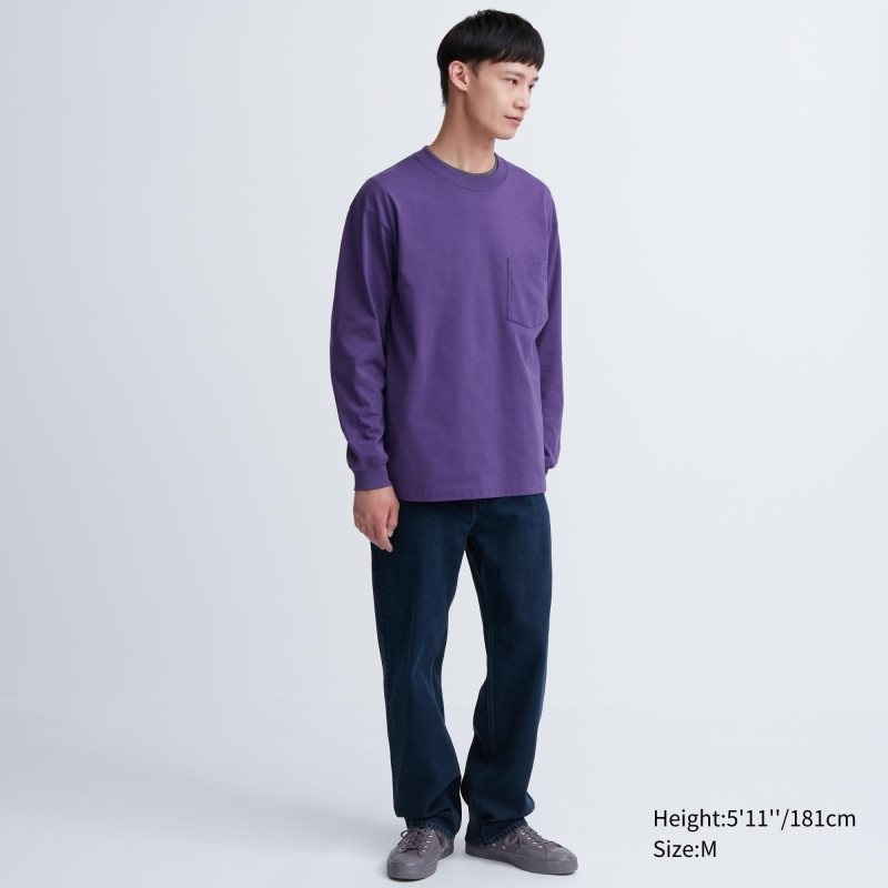 Uniqlo Washed Cotton Crew Neck Long-sleeve T Shirts Herre Lilla | 5698682