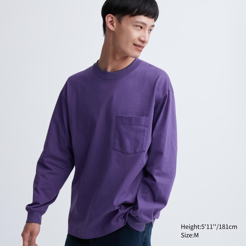 Uniqlo Washed Cotton Crew Neck Long-sleeve T Shirts Herre Lilla | 5698682