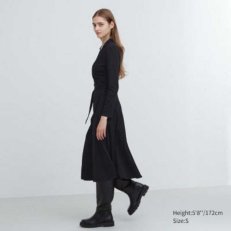 Uniqlo Wrap Long-Sleeve Kjole Dame Sort | 5947015