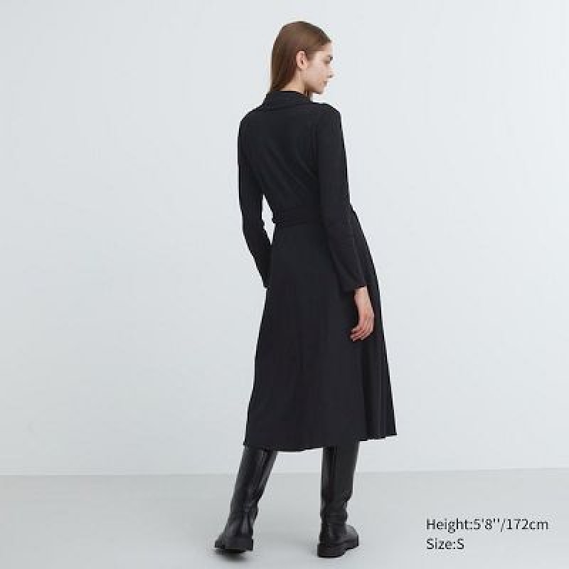 Uniqlo Wrap Long-Sleeve Kjole Dame Sort | 5947015
