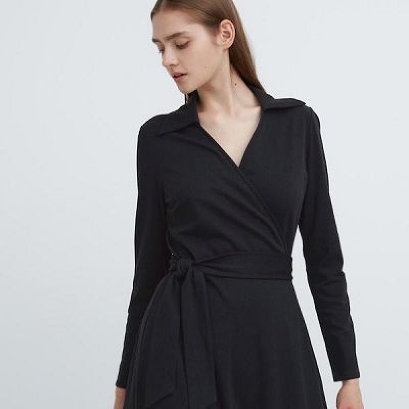 Uniqlo Wrap Long-Sleeve Kjole Dame Sort | 5947015
