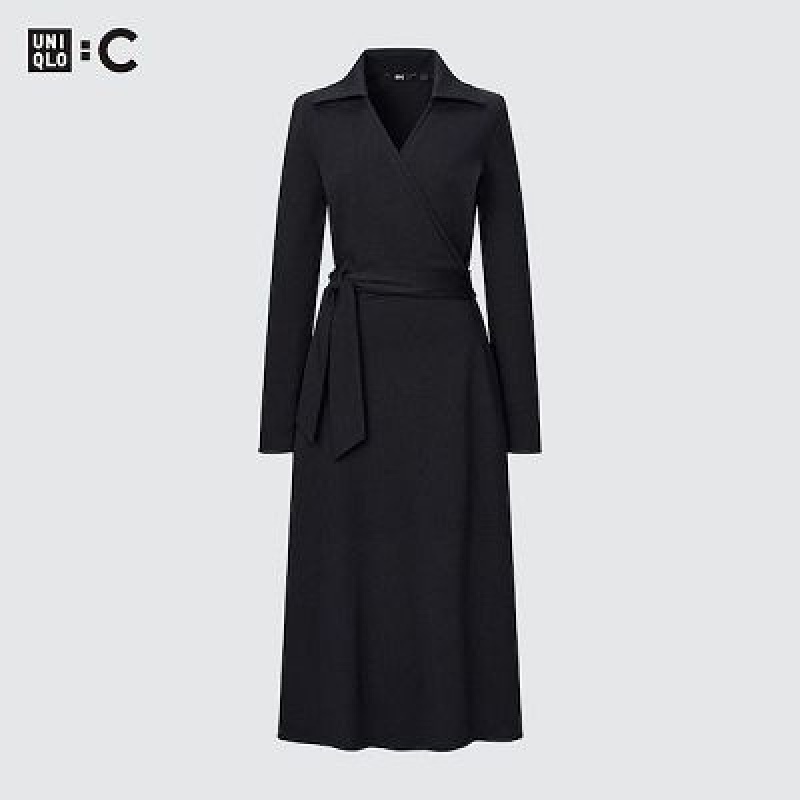 Uniqlo Wrap Long-Sleeve Kjole Dame Sort | 5947015